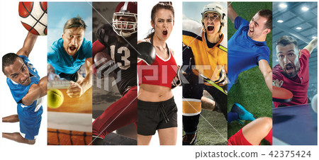 Sport collage about soccer, american football, basketball, tennis, boxing, field hockey, table Sport collage about soccer, american football, basketball, tennis, boxing, field hockey, table 42375424