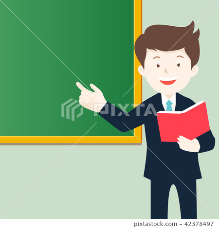 Teacher holding book pointing green board 42378497
