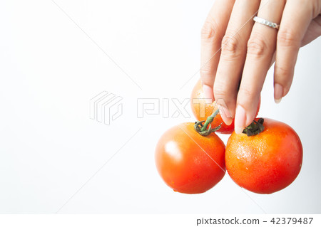 Beautiful woman hand with tomatoes on white Beautiful woman hand with tomatoes on white 42379487
