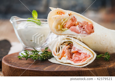 fresh tortilla wrap with salmon fresh tortilla wrap with salmon 42379521