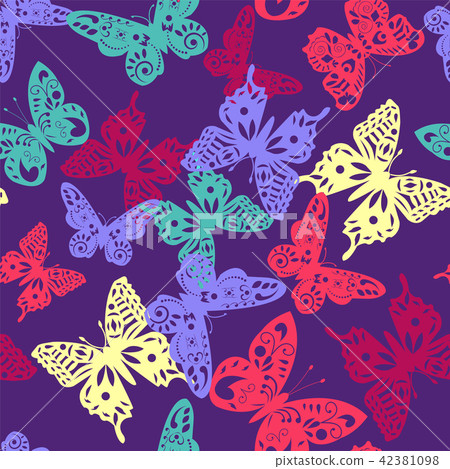 colorful butterfly pattern on violet background. 42381098