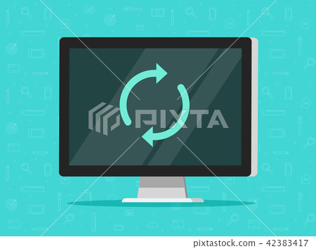 Computer updating vector illustration, flat cartoon pc with synchronize round arrows on screen, idea Computer updating vector illustration, flat cartoon pc with synchronize round arrows on screen, idea 42383417