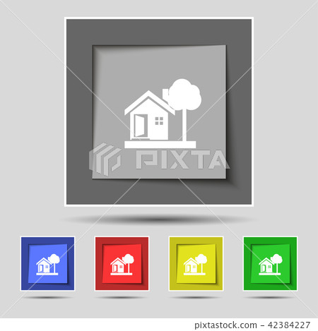 house icon sign on original five colored buttons. 42384227
