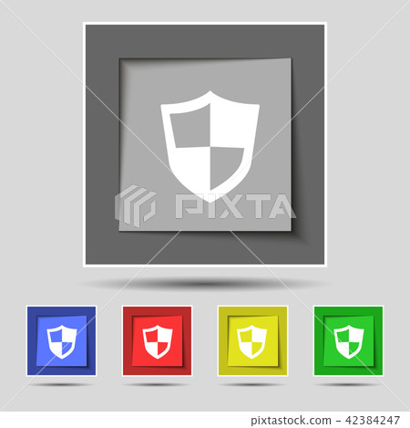 shield icon sign on original five colored buttons. shield icon sign on original five colored buttons. 42384247