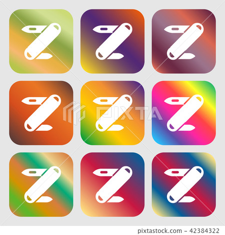 Pocket knife icon sign. Nine buttons with bright g Pocket knife icon sign. Nine buttons with bright g 42384322