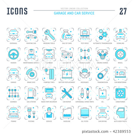 Set Blue Line Icons of Garage and Car Service. 42389553