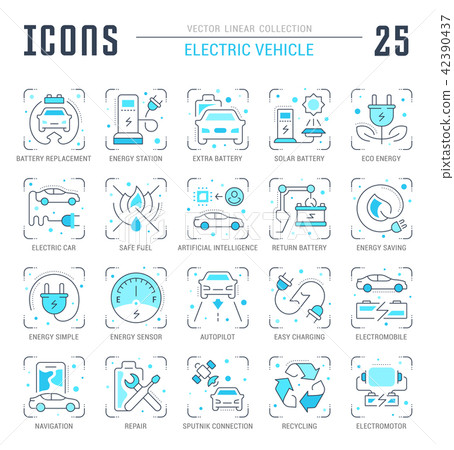 Set Blue Line Icons of Electric Vehicle. Set Blue Line Icons of Electric Vehicle. 42390437