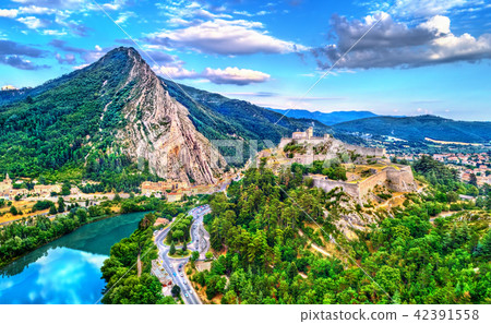 Aerial view of Sisteron with its Citadel and the Rock of the Baume. Provence, France 42391558