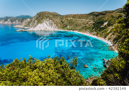 View to Petani bay with transparent crystal clear blue azure mediterranean sea water in beautiful 42392149