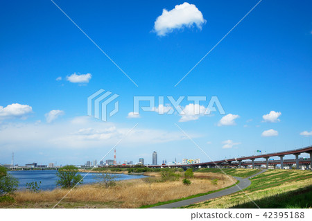 View of residential area of Kawaguchi Motoho from Kawahara of Arakawa of young leaves and fresh green View of residential area of Kawaguchi Motoho from Kawahara of Arakawa of young leaves and fresh green 42395188