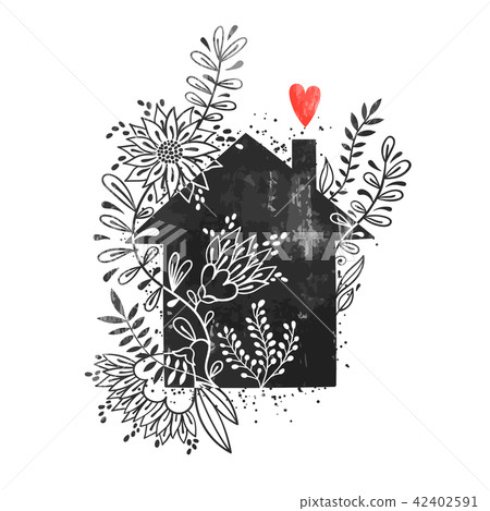 Hand drawn typography poster. Vector illustration with black house silhouette, floral elements and Hand drawn typography poster. Vector illustration with black house silhouette, floral elements and 42402591