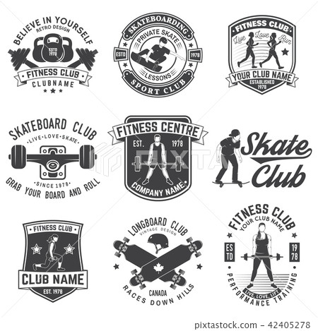 Set of fitness and skate board club concept with girls doing exercise and skateboarder silhouette 42405278