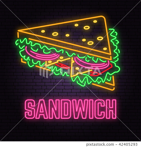 Retro neon sandwich sign on brick wall background. Design for cafe, hotel, restaurant or motel. 42405293