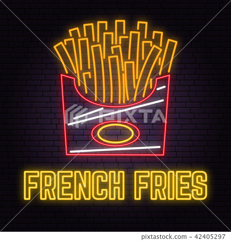 Retro neon french fries sign on brick wall background. Design for cafe, hotel, restaurant or motel. Retro neon french fries sign on brick wall background. Design for cafe, hotel, restaurant or motel. 42405297
