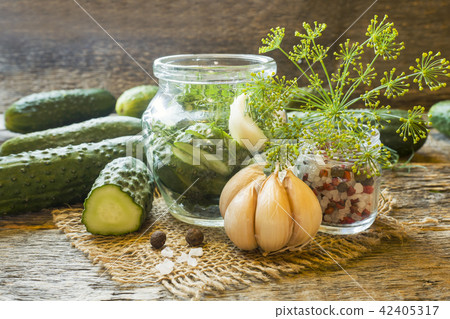 Pickled cucumbers, garlic and spices for pickling  42405317