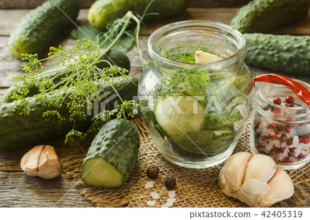 Pickled cucumbers, garlic and spices for pickling  42405319