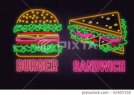 Retro neon burger and sandwich sign on brick wall background. Design for fast food cafe. 42405330
