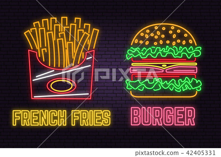 Retro neon burger and french fries sign on brick wall background. Design for cafe, restaurant. 42405331