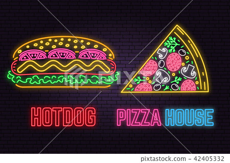Retro neon hot dog and pizza sign on brick wall background. Design for cafe, restaurant. 42405332