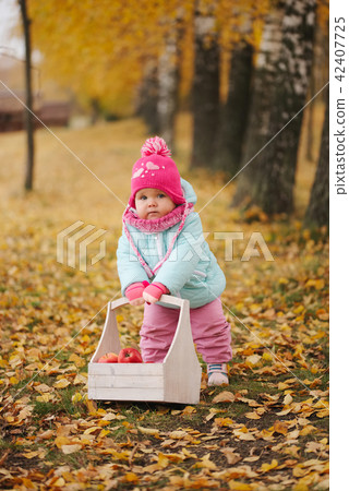 little girl with autumn harvest in park little girl with autumn harvest in park 42407725