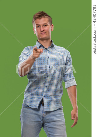 The overbearing businessman point you and want you, half length closeup portrait on green background The overbearing businessman point you and want you, half length closeup portrait on green background 42407793