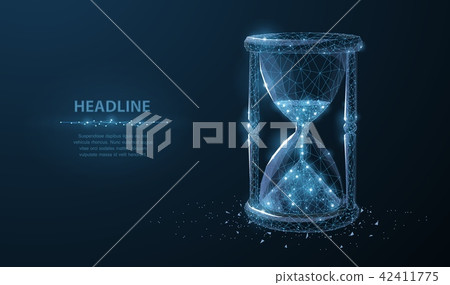 Sandglass. Low poly wireframe sandglass looks like constellation on dark blue background with dots 42411775