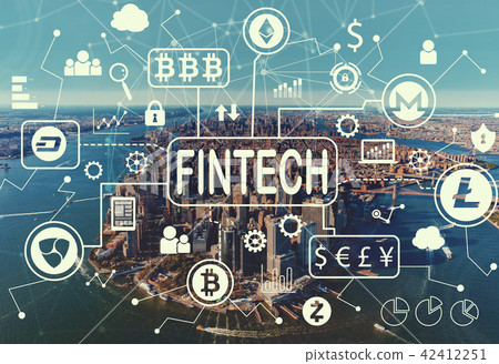 Cryptocurrency fintech theme with aerial view of NY skyline Cryptocurrency fintech theme with aerial view of NY skyline 42412251