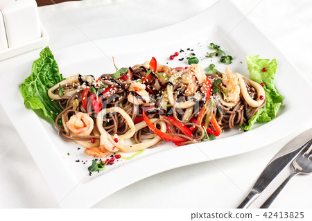 Soba buckwheat noodles with seafood Soba buckwheat noodles with seafood 42413825