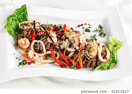 Soba buckwheat noodles with seafood Soba buckwheat noodles with seafood 42413827