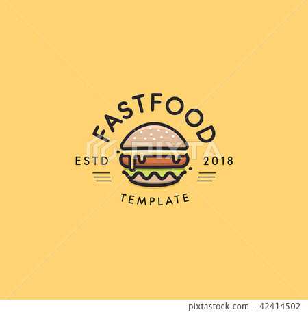 Fast food vector logo template. Hot burger design. Hamburger sign. Cheeseburger sign design. Fast food vector logo template. Hot burger design. Hamburger sign. Cheeseburger sign design. 42414502