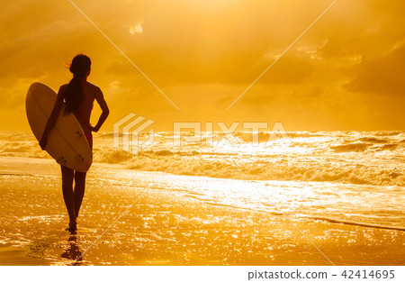 Woman Bikini Surfer & Surfboard Sunset Beach Woman Bikini Surfer & Surfboard Sunset Beach 42414695