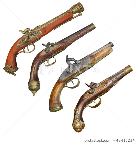 Four old vintage firelock gun isolated on white Four old vintage firelock gun isolated on white 42415234