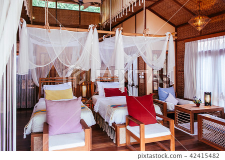 Bedroom interior four poster bed colourful fabric Bedroom interior four poster bed colourful fabric 42415482
