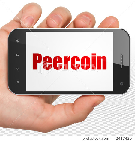 Blockchain concept: Hand Holding Smartphone with Peercoin on display Blockchain concept: Hand Holding Smartphone with Peercoin on display 42417420