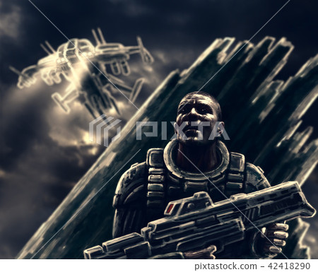 A frightened soldier hides from flying enemy ship 42418290