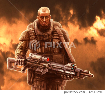 Soldier of the future with large sniper rifle. 42418291
