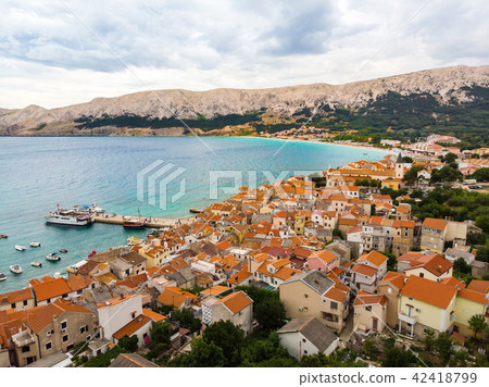 Aerial panoramic view of Baska town, popular touristic destination on island Krk, Croatia, Europe Aerial panoramic view of Baska town, popular touristic destination on island Krk, Croatia, Europe 42418799