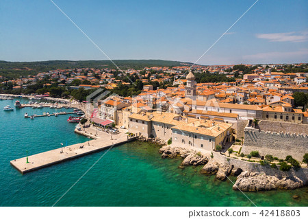 Aerial view of mediterranean coastal old town Krk, Island Krk, Croatia 42418803