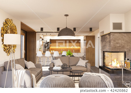 3d Render Modern Living Room And Kitchen ภาพประกอบสต อก 3d Render Modern Living Room And