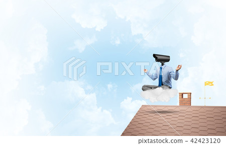 Concept of security and privacy protection with camera headed man meditating 42423120