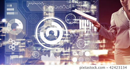 Digital background with infographs and lady extending papers or Digital background with infographs and lady extending papers or 42423134
