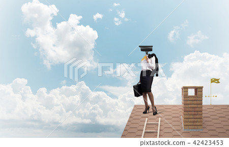 Concept of security and privacy protection with camera headed woman 42423453