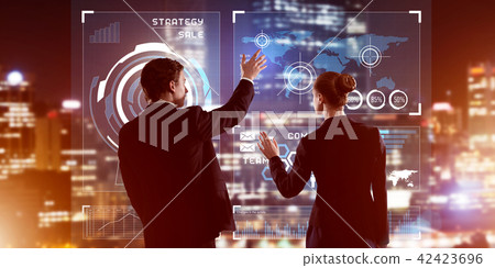 Concept of partnership and cooperation with people using virtual interface 42423696