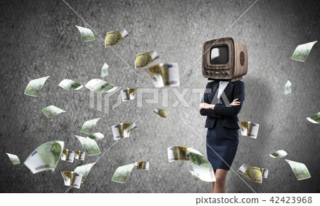 Business woman with old TV instead of head. Business woman with old TV instead of head. 42423968