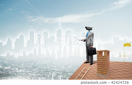 Concept of home security and privacy protection with camera headed man Concept of home security and privacy protection with camera headed man 42424726