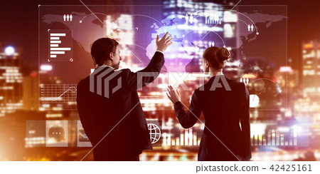 Concept of partnership and cooperation with people using virtual interface 42425161