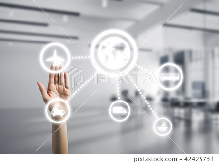 Modern office interior and close of businesswoman hand choosing symbol on application interface Modern office interior and close of businesswoman hand choosing symbol on application interface 42425731