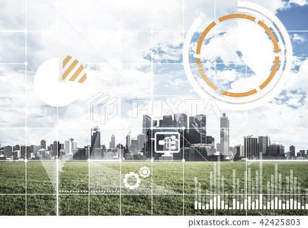 Natural background with modern cityscape green field and media interface 42425803