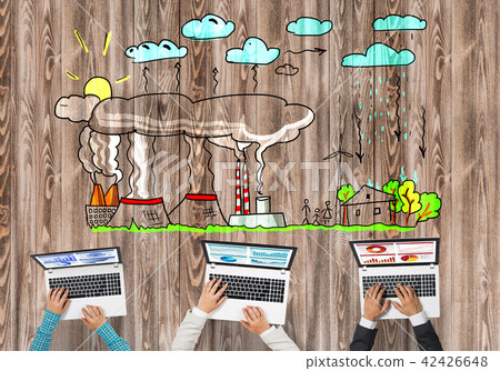 Top view of businesspeople sitting at table and using gadgets 42426648