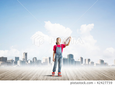 Concept of careless happy childhood with girl dreaming about future Concept of careless happy childhood with girl dreaming about future 42427739